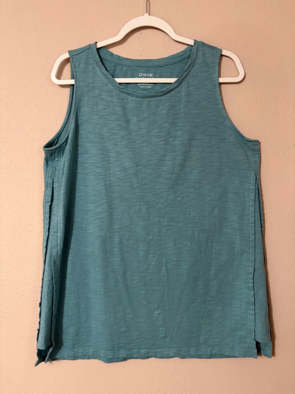 Chico's Women's Ribbed Tank Top Teal Green Relaxed Fit Sleeveless Crew Neck Sz 2